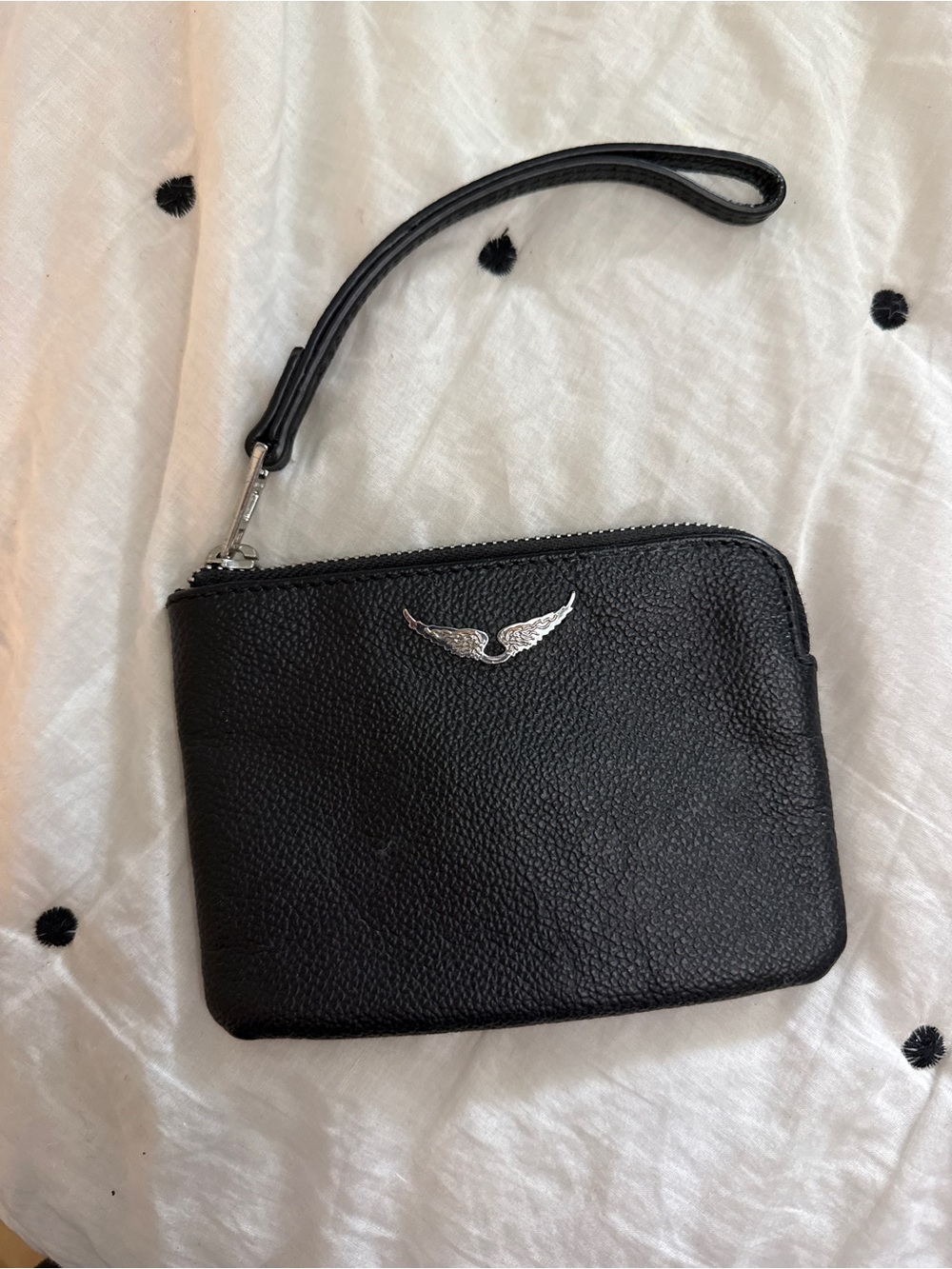 Zadig & Voltaire Black Leather Wristlet with Silver Wing Detail